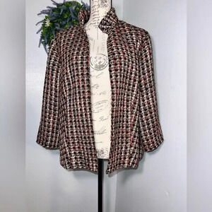 Chico’s 3, metallic tweed 3/4 sleeve puffed collar hook eye front closure jacket